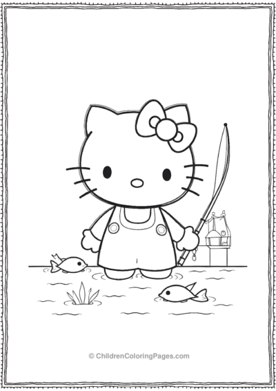 An-Outline-Of-Hello-Kitty-With-A-Fishing-Rod Free PDF Printable