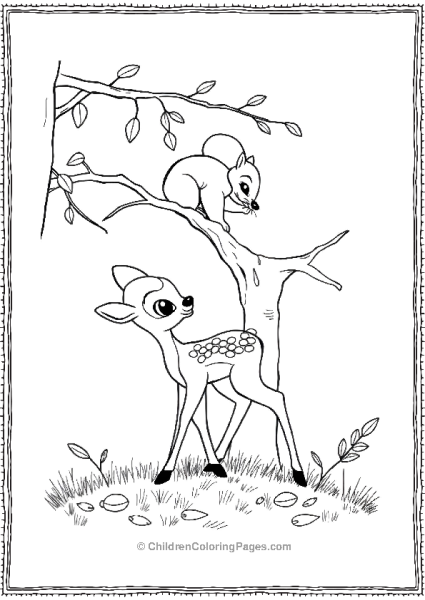 Bambi Curiously Observing A Squirrel Gathering Acorns Free PDF Printable