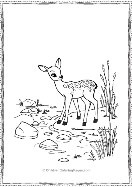 Bambi Exploring A Riverbank With Rocks And Reeds Free PDF Printable