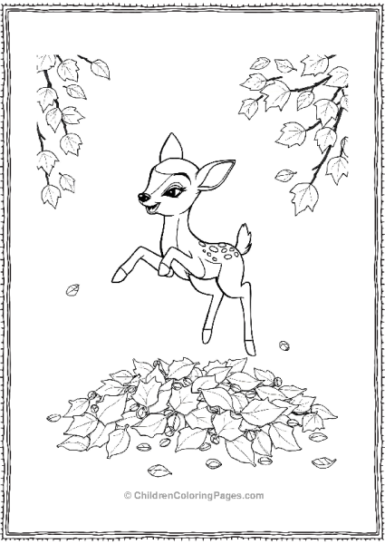 Bambi Expressing Joy Jumping In A Pile Of Autumn Leaves Free PDF Printable