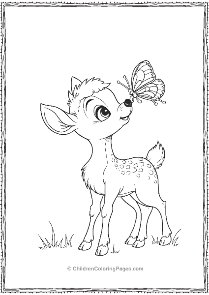 Bambi Looking Curiously At A Butterfly Landing On A Flower Free PDF Printable