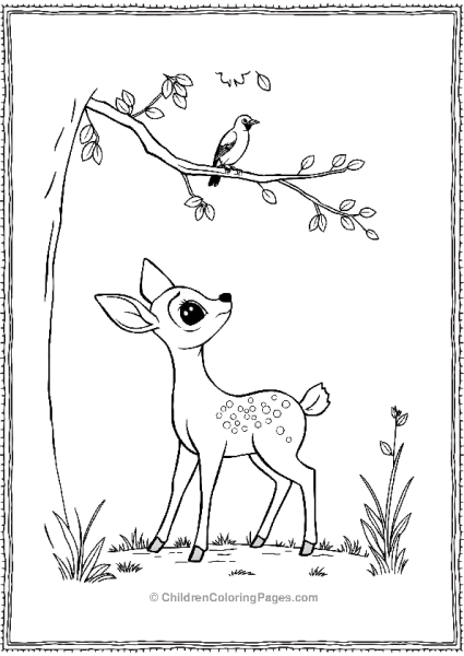 Bambi Looking Up At A Bird Perched In A Tree Branch Free PDF Printable