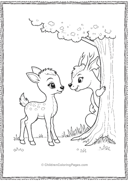 Bambi Meeting A Friendly Dragon Peeking From Behind Free PDF Printable