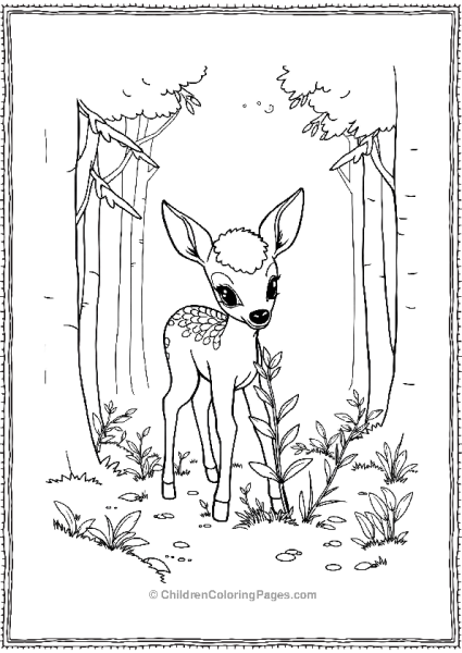 Bambi Nibbling On A Small Plant In A Forest Clearing Free PDF Printable