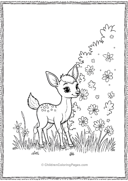 Bambi Peeking From Behind A Large Bush Filled With Flowers Free PDF Printable