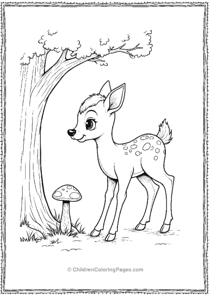 Bambi Sniffing A Tiny Mushroom Growing Under A Tree Free PDF Printable