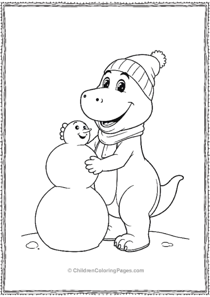 Barney Dressed In Winter Clothing Building A Snowman Free PDF Printable