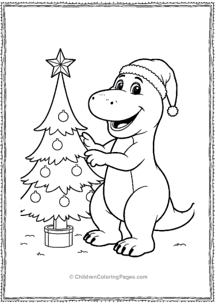 Barney Wearing A Santa Hat Decorating A Christmas Tree Free PDF Printable