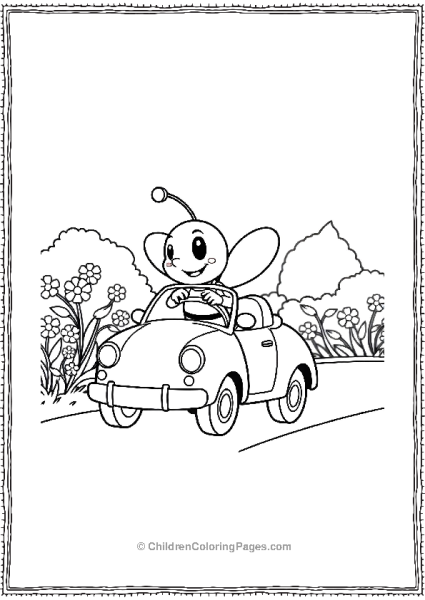 Bee Driving A Tiny Car Down A Road With Flowers Free PDF Printable