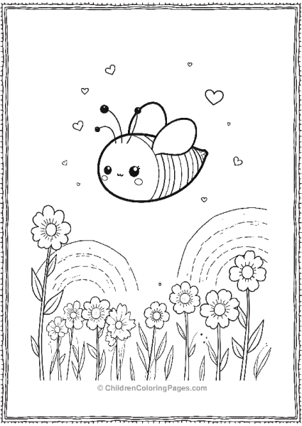 Bee Flying Above Flowers With Hearts Free PDF Printable