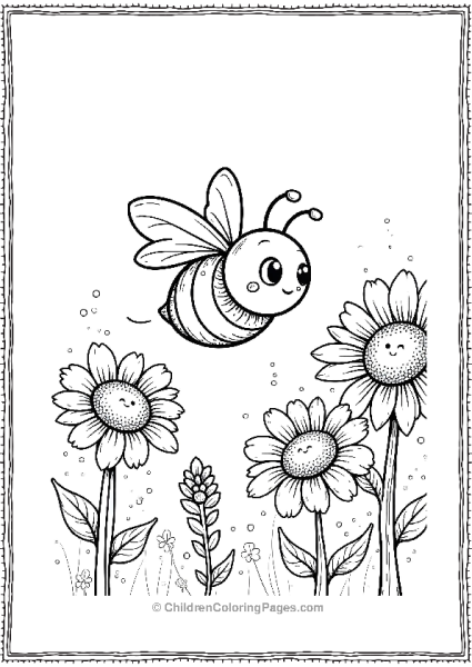 Bee Flying Through A Garden With Sunflowers Free PDF Printable