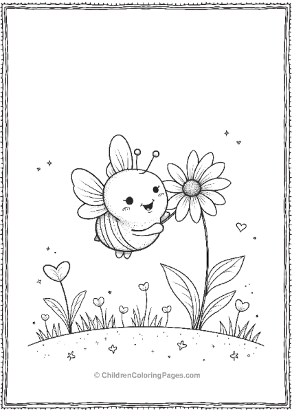 Bee Holding A Giant Daisy Flying Above A Field Of Flowers Free PDF Printable