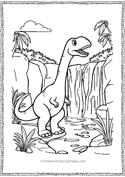 Brachiosaurus Playing Near A Waterfall Free PDF Printable