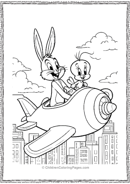 Bugs Bunny And Tweety Bird Flying In A Plane Over City Free PDF Printable