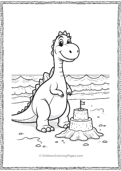 Cartoon Giganotosaurus Building A Sandcastle On The Beach Free PDF Printable