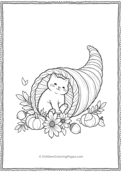 Cornucopia-With-A-Cat-And-Small-Fall-Flowers Free PDF Printable