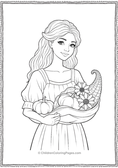 Cornucopia-With-A-Woman-Holding-Flowers-And-Squash Free PDF Printable