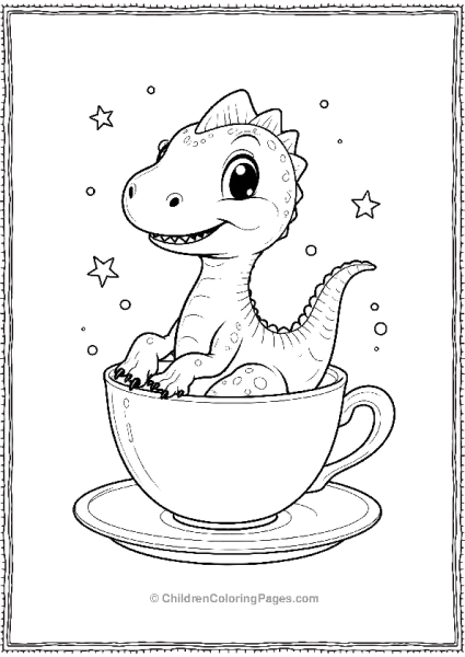 Cute Velociraptor Sitting In A Teacup With Stars Free PDF Printable