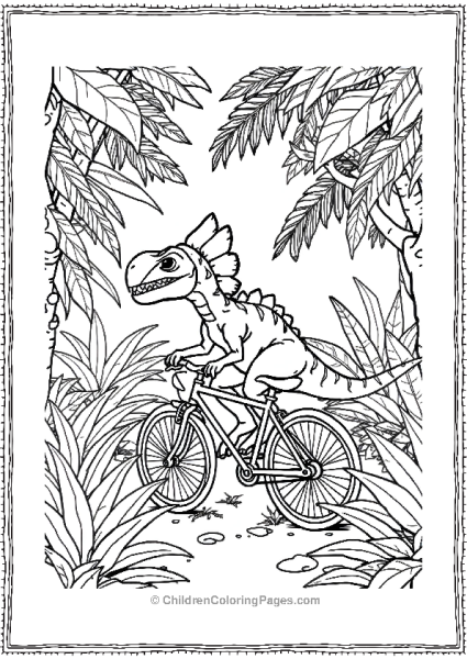 Dilophosaurus Riding A Bicycle Through A Jungle Free PDF Printable