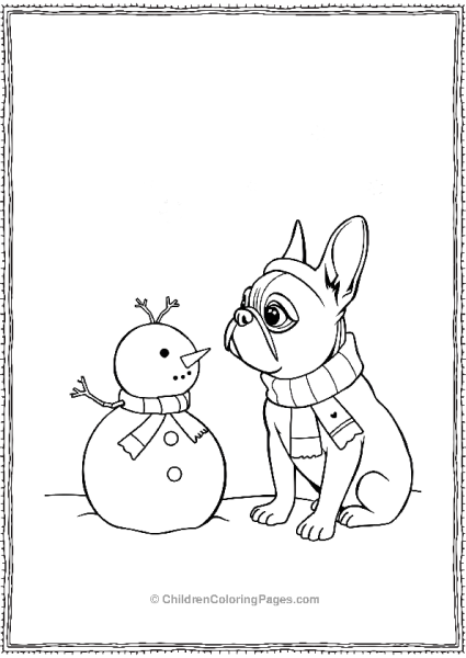 French Bulldog Looking At A Snowman Free PDF Printable