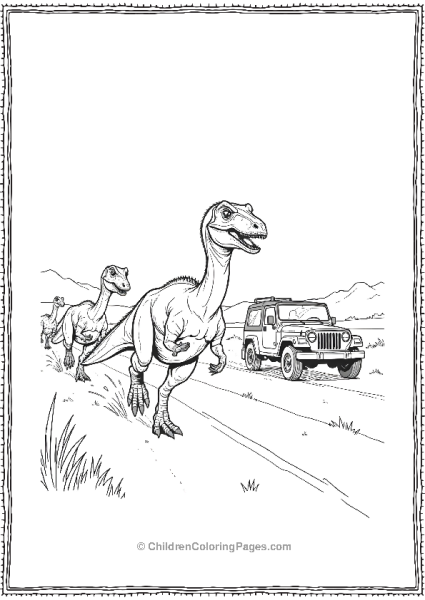 Gallimimus Stampede Across The Field With Iconic Jeep Free PDF Printable