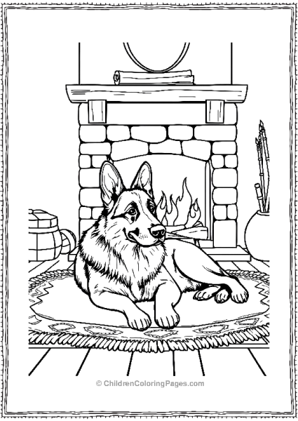 German Shepherd By A Fireplace Free PDF Printable