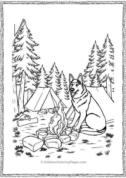 German Shepherd Camping By A Campfire Free PDF Printable