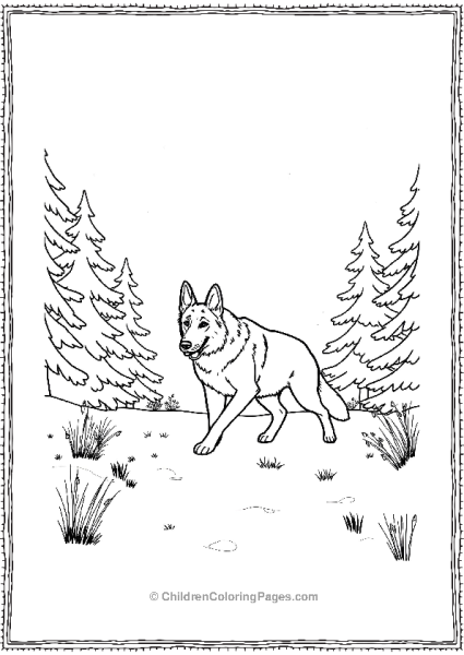 German Shepherd Walking Through A Snowy Forest Free PDF Printable