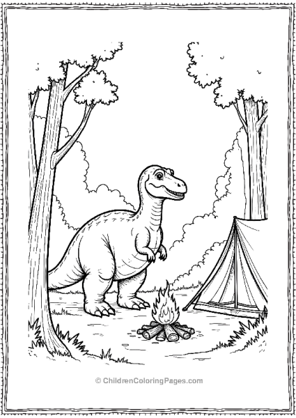 Giganotosaurus Camping In The Woods With A Tent Free PDF Printable