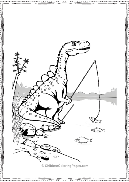 Giganotosaurus Fishing By A Lake With Simple Fish Free PDF Printable