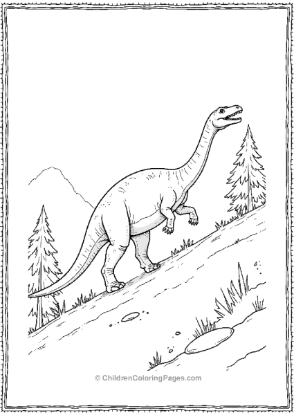 Giganotosaurus Hiking Up A Hill With Minimalist Trees Free PDF Printable