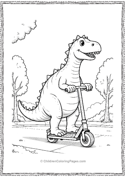 Giganotosaurus Riding A Scooter On A Sidewalk Free PDF Printable