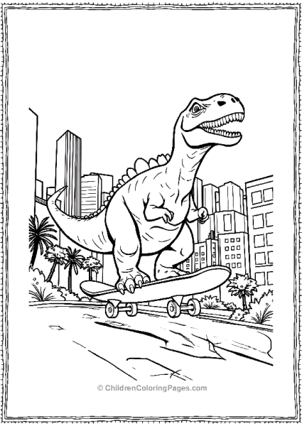 Giganotosaurus Riding A Skateboard Through A City Free PDF Printable