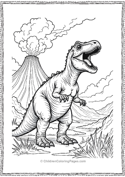 Giganotosaurus Roaring With A Detailed Volcano Free PDF Printable