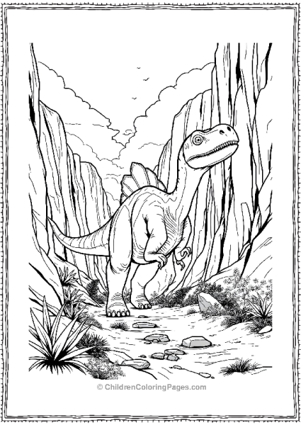 Giganotosaurus Walking Through A Canyon With Tall Cliffs Free PDF Printable