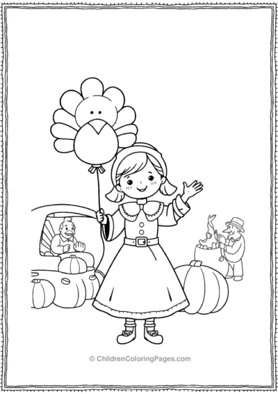 Happy-Pilgrim-Girl-Holding-A-Turkey-Balloon Free PDF Printable