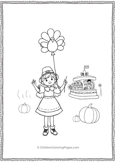 Happy-Pilgrim-Girl-Holding-A-Turkey-Shaped-Balloon Free PDF Printable