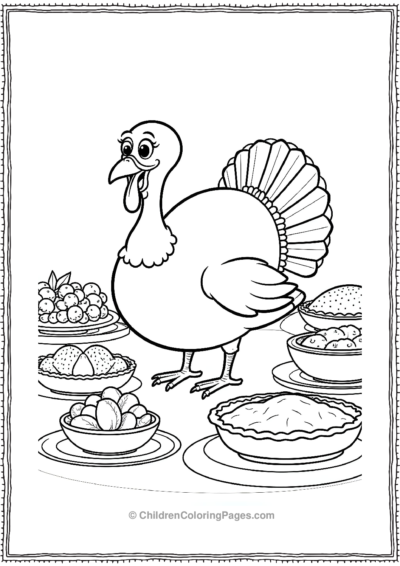 Happy-Turkey-Surrounded-By-Pies-And-Roasted-Vegetables Free PDF Printable