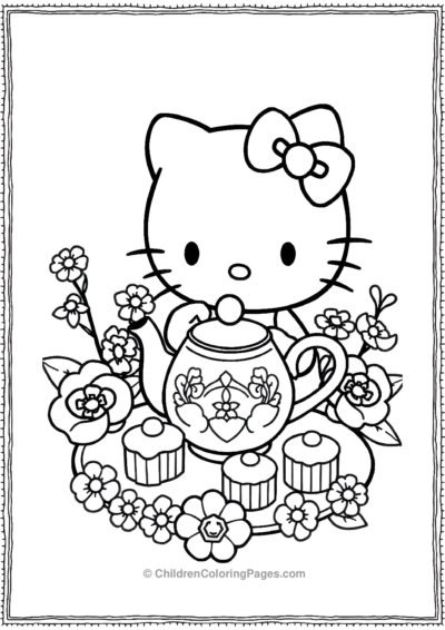 Hello-Kitty-Enjoying-A-Tea-Party-With-Tiny-Cakes Free PDF Printable