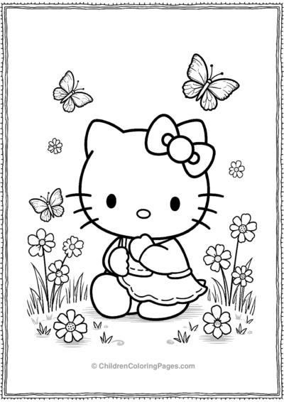 Hello-Kitty-Playing-In-A-Garden-With-Butterflies- Free PDF Printable