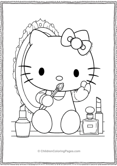 Hello-Kitty-Sitting-At-A-Vanity-And-Applying-Blush Free PDF Printable