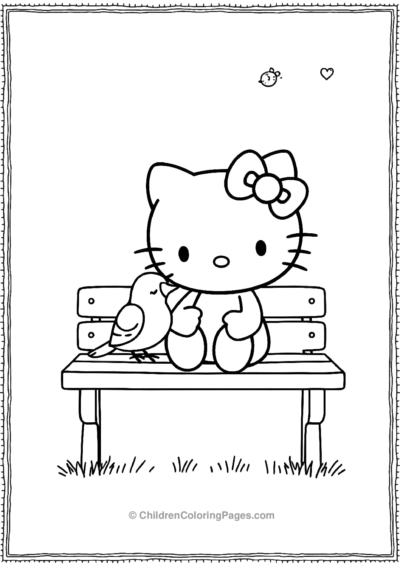 Hello-Kitty-Sitting-On-A-Bench-With-A-Little-Bird Free PDF Printable