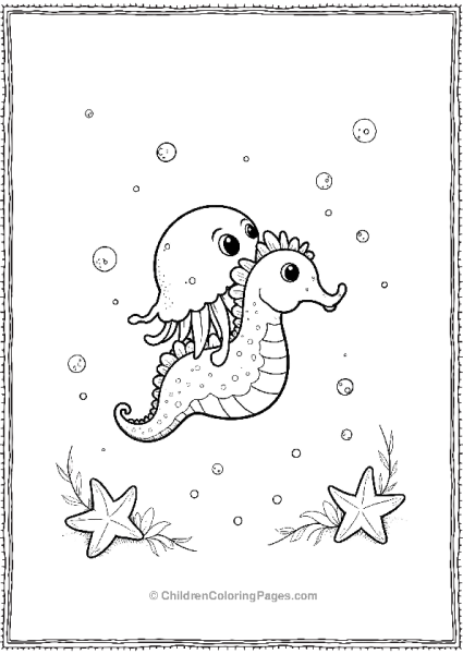 Jellyfish Riding On Small Seahorse Free PDF Printable