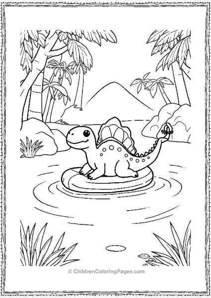 Kawaii Dilophosaurus Floating On A Raft In A Lazy River Free PDF Printable