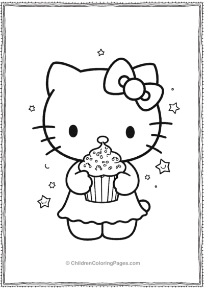 Kawaii-Hello-Kitty-Holding-A-Cupcake-With-Sprinkle Free PDF Printable