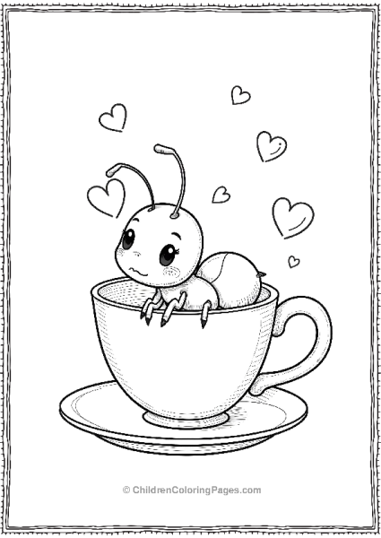 Kawaii Style Ant In A Teacup With Small Hearts Free PDF Printable