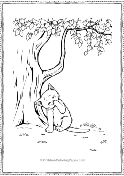 Kitten-Grooming-Itself-Under-A-Tree Free PDF Printable