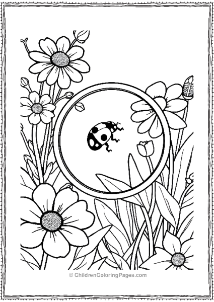 Ladybug Exploring A Flower Garden Through A Magnifying Glass Free PDF Printable