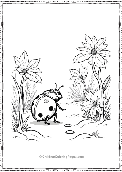 Ladybug Exploring A Garden With Flowers Free PDF Printable