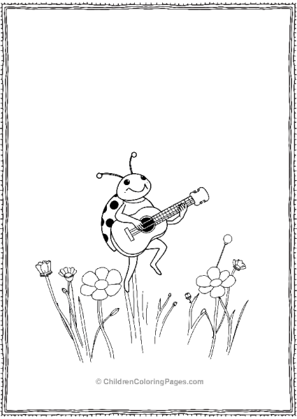 Ladybug Playing Guitar In A Field Of Flowers Free PDF Printable